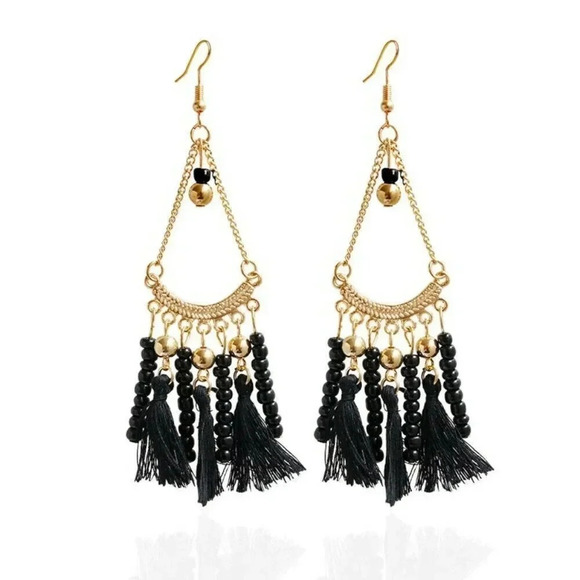 Vintage 90s Victorian Style Black Gold Tassels Glass Beads Chandelier Earrings - Picture 1 of 1